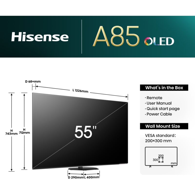 Hisense 55A85NTUK 55" OLED Smart Television, 4K Ultra HD, Black, G Rated - Image 2