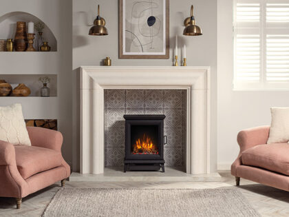 Sheraton-5-Electric-with-Log-Pebble-fuel-effect-and-Amber-flame-setting-with-Grafton-Limestone-mantel