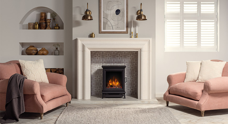 Sheraton-5-Electric-with-Log-Pebble-fuel-effect-and-Amber-flame-setting-with-Grafton-Limestone-mantel