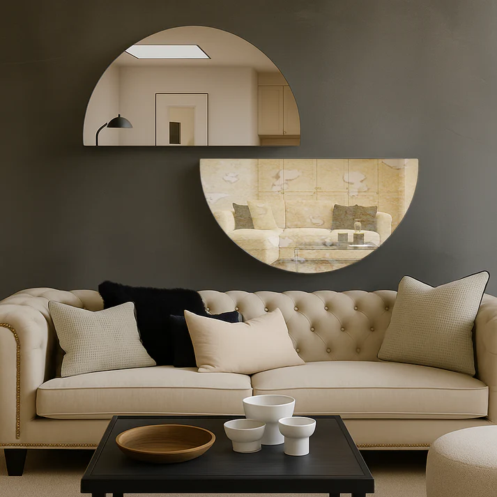 Set Of 2 Half-Moon Antique Silver & Silver Frameless Wall Mirror