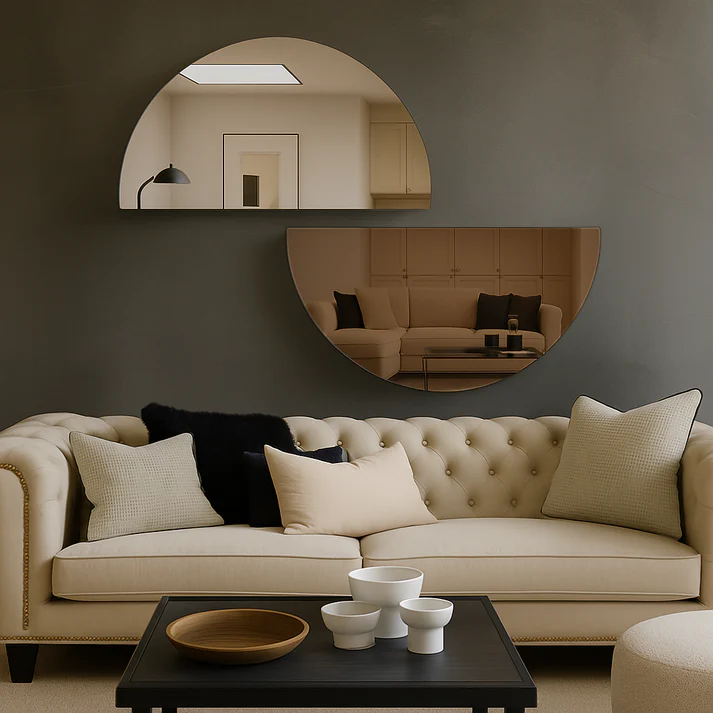 Set Of 2 Half-Moon Silver & Bronze Frameless Wall Mirror