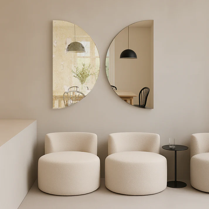 Set Of 2 Half-Moon Antique Silver & Silver Frameless Wall Mirror - Image 2