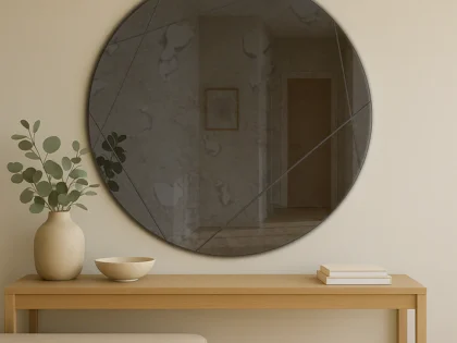Antique Grey Frameless Round Grooved Mirror