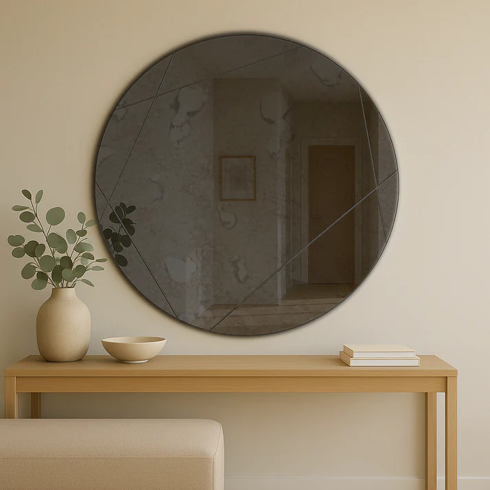 Antique Grey Frameless Round Grooved Mirror