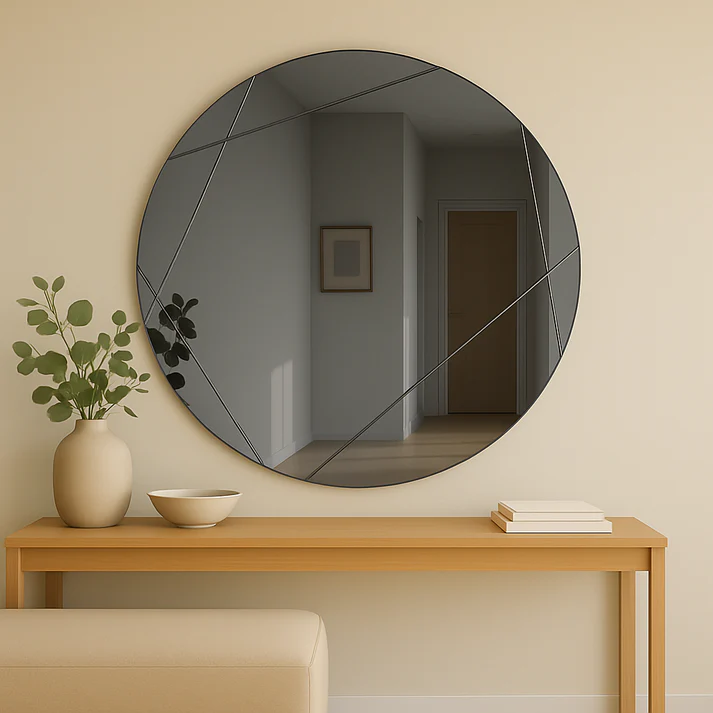Grey Tinted Frameless Round Grooved Mirror