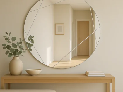 Silver Frameless Round Grooved Mirror
