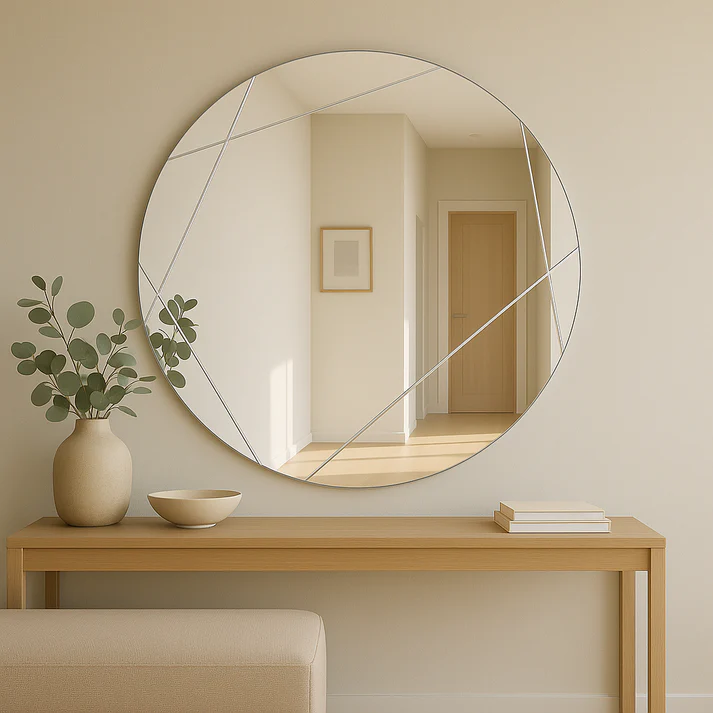 Silver Frameless Round Grooved Mirror